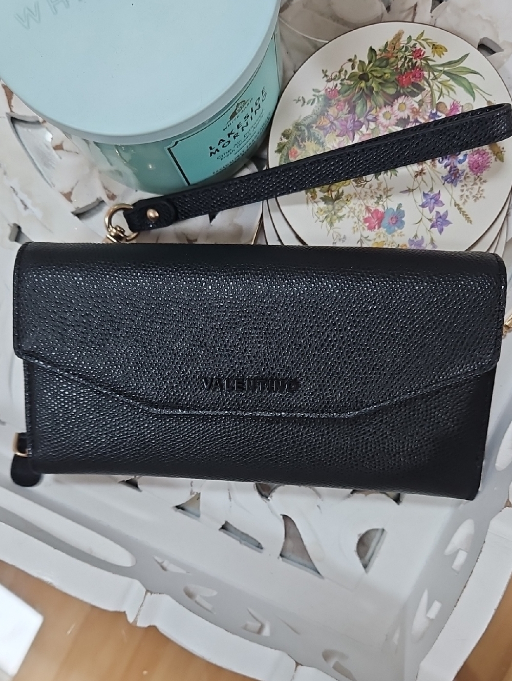 Valentino Black Textured Leather Wristlet Wallet